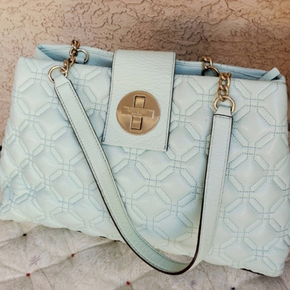 Kate Spade Elena Astor Court Mint Green Quilted Leather Shoulder Tote Bag Large